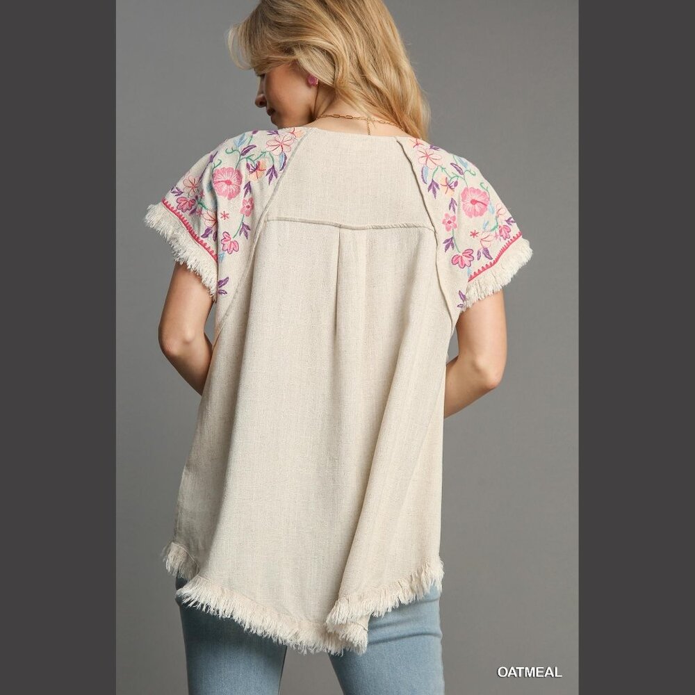Embroidered Sleeves Linen Cotton Blend Round Neck w/ Frayed High Low Hem - Picture 12 of 15